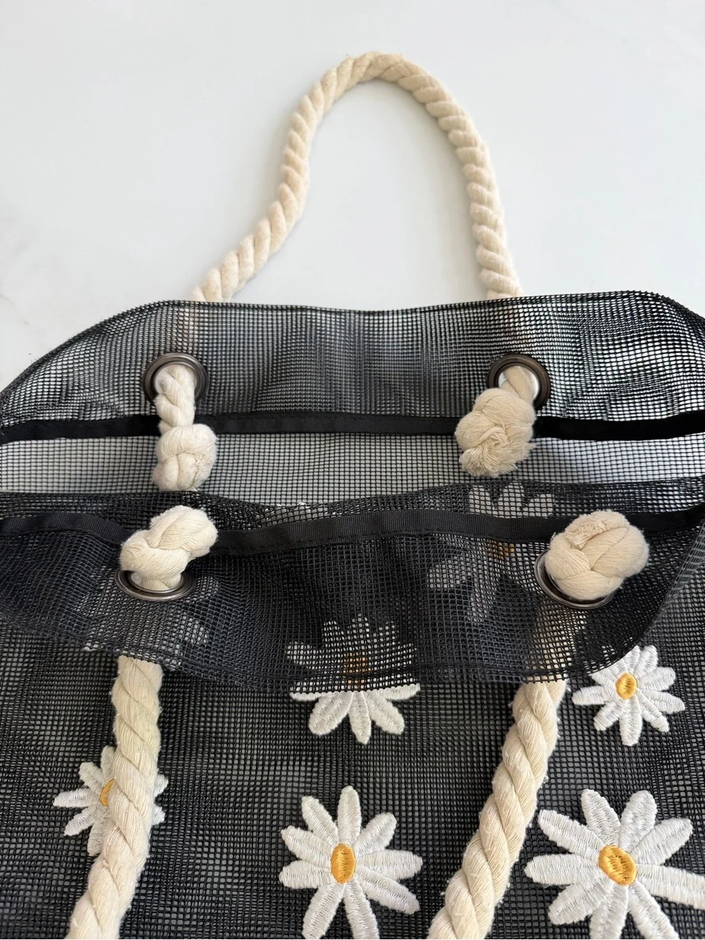 Art Class black Mesh Tote Bag see through white yellow Daisy rope handles